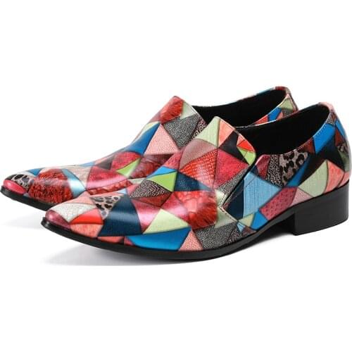 Italian Runway Mens Dress Shoes Pointed Toe Loafers Oxfords Leather Multicolor Sequins Geometric Wedding ShoesMale Size 13