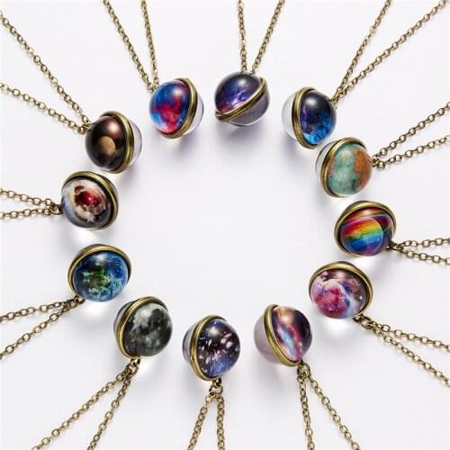 1PC Fashion Universe Planet Glass Luminous Double-Sided Retro Pendant Necklace For Women Men Universe Nebula Cosmic Jewelry