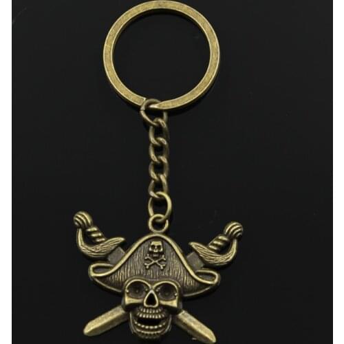 Fashion 3cm Key Ring Metal Key Chain Keychain Jewelry Antique Bronze Silver Color Plated Skull Pirate Flag 45x34mm Pendant