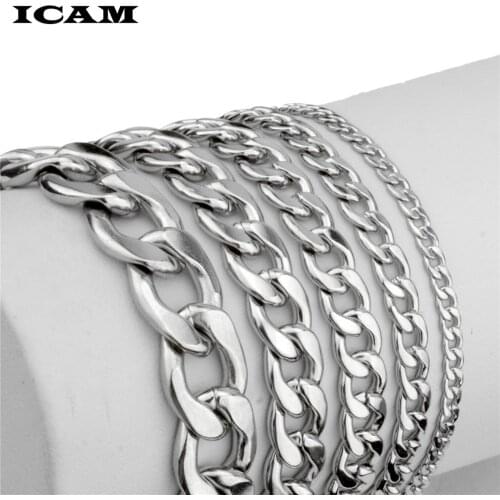 ICAM Womens Mens Bracelet Stainless Steel Curb Cuban Silver Color Bracelet for Men 3-11mm Wholesale Fashion Jewelry