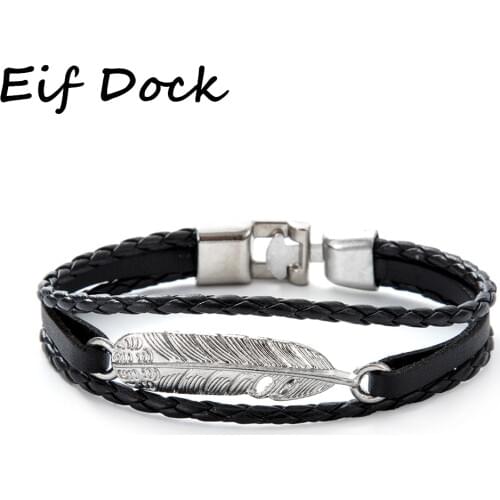 Eif Dock New Fashion Alloy Feather Bracelet Mens Casual Personality Leather Bracelet Retro Punk Bracelet Biker Bracelet