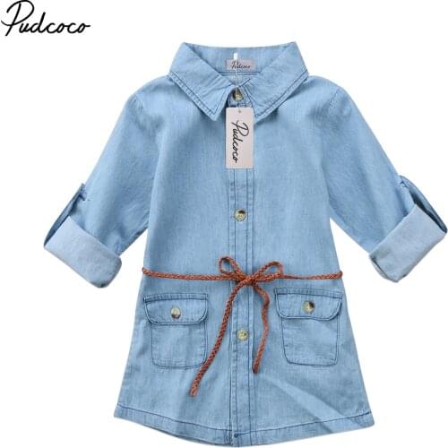 2018 Brand New Infant Child Kids Girl Denim Dress Jeans Pocket Long Sleeve T-shirt Loose Shirt Mini Dress Fashion Clothes 2-7T