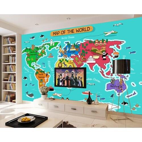 Custom papel DE parede infantil, cartoon world map murals for boys and girls children room bedroom background wallpaper