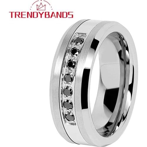 8MM Wedding Rings For Men And Women Tungsten Carbide Steel Combine With Black CZ Stone Inlay