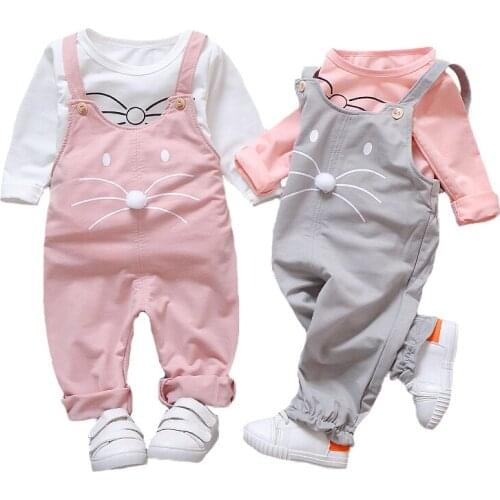 Autumn Baby Girls Clothing Set Toddler Full Sleeve Shirt + Overalls 2Pcs Suit For Kids Cartoon Cat Bib Short Children Present