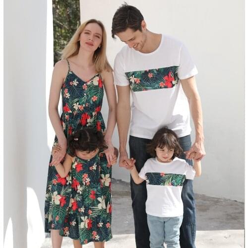 Floral Family Look Cotton Mom and Daughter Dress Boy T-shirts Casual Beach Wear Family Matching Pullover Summer Baby Ropa Outfit