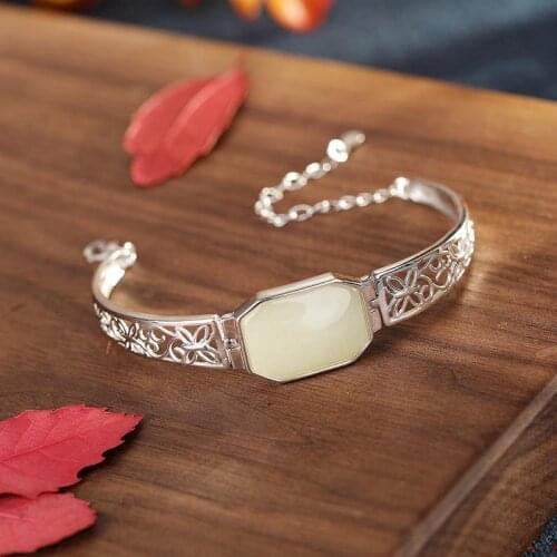 S925 Sterling Silver Inlaid Natural Hetian Jade White Jade Bracelet Retro Temperament to Give Mom Bracelet for Women Personalize
