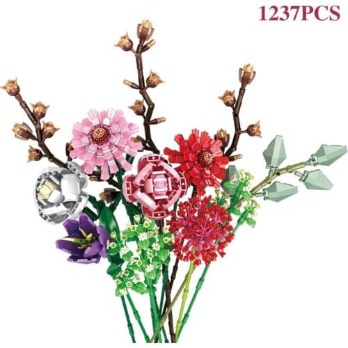 Sembo Flowers Bouquet Ideas Building Blocks Moc Romantic Rose Flower Bricks Home Decoration DIY Toys For Girls Educational Toys