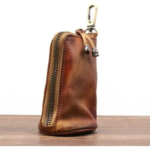 TopFight Genuine Cow Leather Men Women Key Bag Fashion Trend Solid Color Leather Zipper Coin Purses Multifunction Key Case