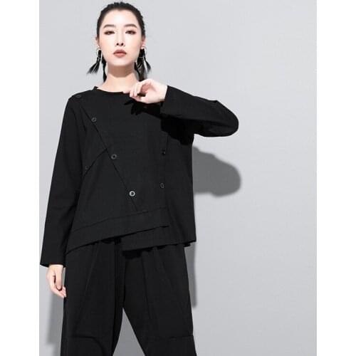 Ladies spring and Autumn new classic dark personality patchwork button decoration irregular street loose long sleeve T-shirt