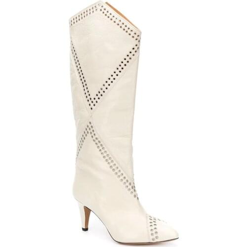 Women Shoes Paris Lahia Eyelet Embellished Calf-high Boots White Leather Metallic Hardware Rock Boots