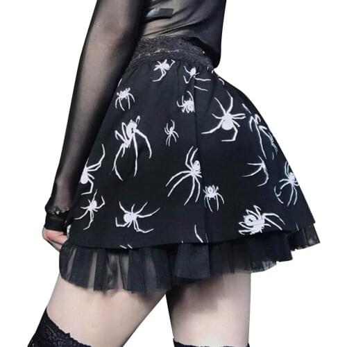 Women A-Line Skirt Gothic Black Lace Mesh High Waist Pleated Spider Print Alt Punk Style Vintage Party Sexy Ladies Mini Clubwear