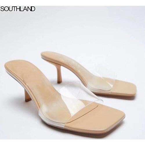 SOUTHLAND Brand Designer 2021 Summer Womens Shoes One Word Transparent Women Sandals High Thin Heels Sandals For Female