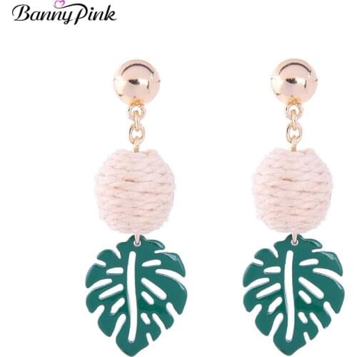 Banny Pink New Hope Green leaf Pendant Earrings For Women Bohemia Lined Ball Studs Earrings Chunky Enamel Beach Post Earrings