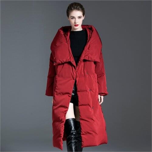 Winter White Duck Feather Long Coat Womens Down Jacket 2020 New Hooded Zipper Loose Parkas Black Red Women Jackets overcoat