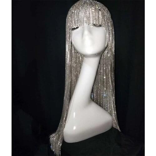 Bar Ds Dj Female Singer Rhinestone Chain Headdress Shiny Silver Diamond Hat Nightclub Gogo Dancer Rave Hair Accessories DQL4336