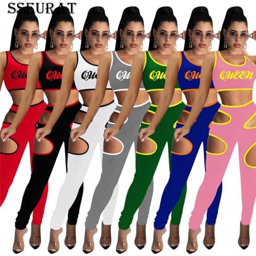 SSEURAT Jogger Women Two 2 Piece Set Outfit Active Tracksuit Queen Tank and Hole Legging Pants Matching Set Sweatsuit