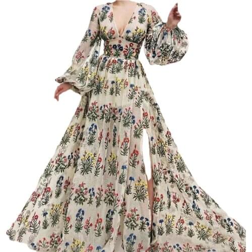 Bohemian Retro National Wind Pattern A Holiday Style Sexy V-Neck Loose Floor-Length Women Dress Luxury Lantern Sleeve Vestido