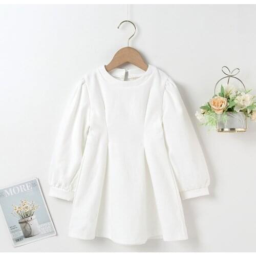 Winter 2021 Girls Dress Girls Cute Dress Long Sleeve O Neck White Solid Cute Streetwear Dresses Vestidos 18M-6T