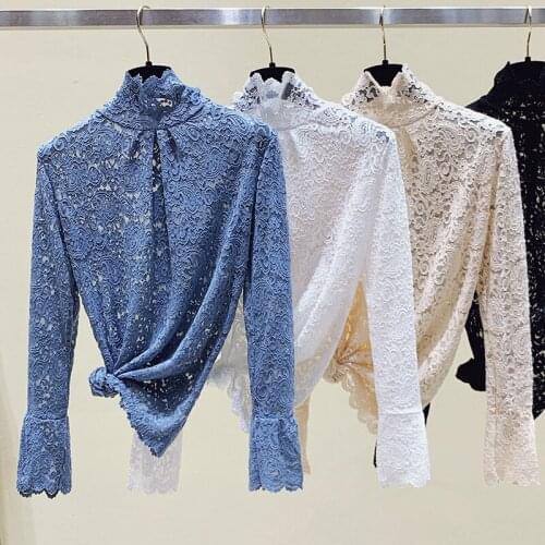 2021 Transparent Korean Slim Women Lace Blouse Female Bottoming Blouses Long-sleeve Plus Size Turtleneck Shirt Women T-Shirts