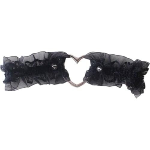 40GC Women Girls Lolita Sweet Ruffled Lace Garter Belt Metal Heart Wedding Leg Harness Gothic Punk Kawaii Stretchy Thigh Ring
