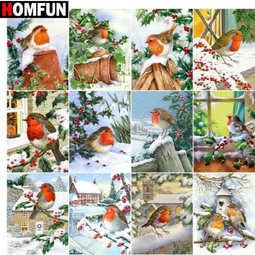 HOMFUN Art 5D Diy Diamond Painting "Bird winter christmas window" Diamond Pictures Cross Stitch 3D Rhinestone Embroidery Decor