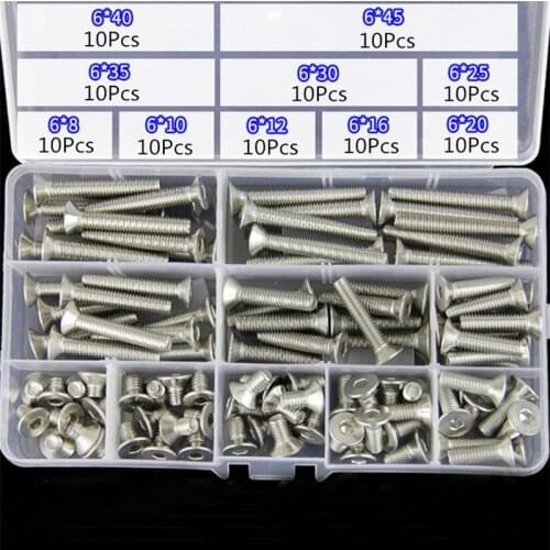 AXK 100Pcs/box M6 304 Stainless Steel Hex Socket Flat Head Screw Bolts Assortment Set for DIY Metal Hardwarre Working