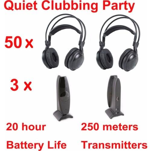 Silent Disco complete system wireless headphones -Silent Party Package (50 Headphones + 3 Transmitters)