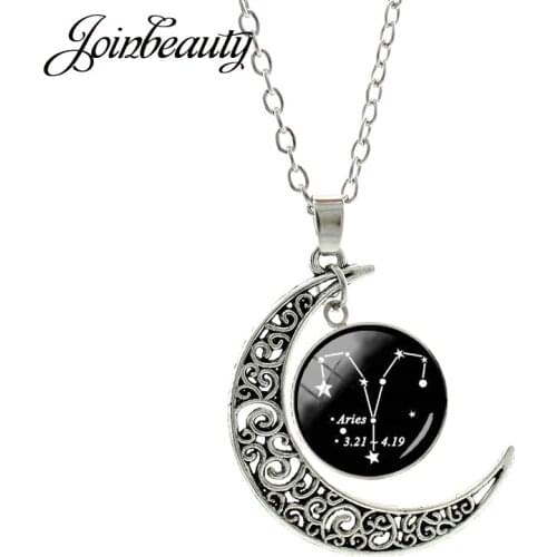 JOINBEAUTY 12 Horoscope Zodiac Moon Pendant Necklace Handmade Glass Cabochon Aries Leo 12 Constellations Link Chain Jewelry 1