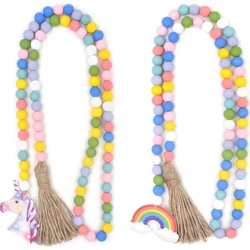 84pcs 16mm Wood Bead Garland with Tassels Farmhouse Decorative Wooden Beads for Rustic Country Wall Hanging Decor