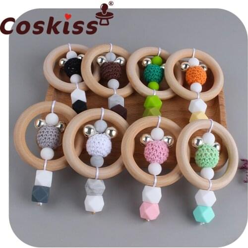 Coskiss Wooden Baby Teether Toddler Rattle Baby Chewing Teether Toy Newborn Teething Rings DIY Nursing Hand Held Accessories