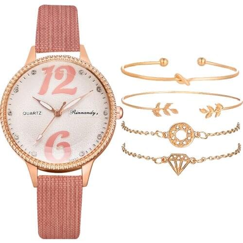 Elegant Bracelet Watch Set For Woman Leather Pink Ladies Clock Rhinestone Fashion Womens Luxury Wristwatches Big Number relogio