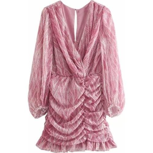 Jastie Summer Women Dresses V-Neck Snake Print Pleated Long Puff Sleeve Mini Dress Bohemian Prom Party Beach Dress 2021