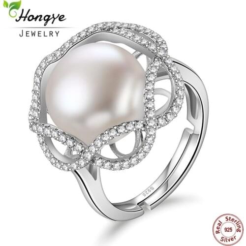 Hongye 2020 Luxury 11mm Big Natural Freshwater Pearl 925 Sterling Silver Adjustable Rings Jewelry Flower Design for Women Gift