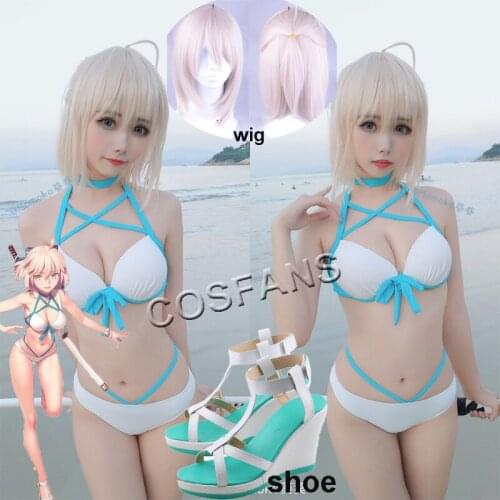 Game Fate Grand Order Cosplay Costume Fate Okita Souji Cosplay Swimsuit Women Sexy Costume FGO Okita Souji Bikini Party wig