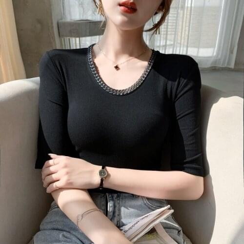 2021Fashion Summer New Tight Half sleeve T-shirt Korean Women T-shirt O collar Slim All-Match black Tops