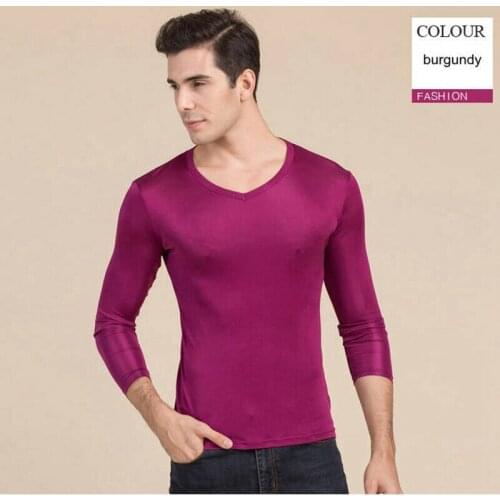 Mens Real Silk V Neck T-Shirts Long Sleeve Comfortable New