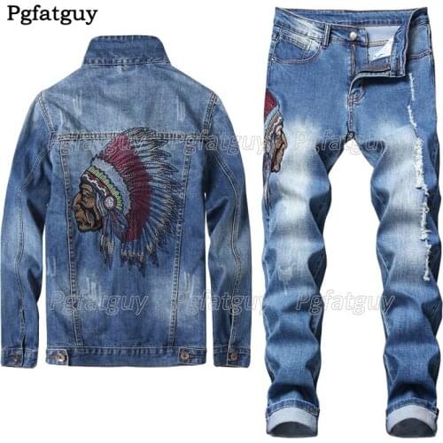 Mens Vintage Two Pieces Sets 2021 New Cowboy Light Blue Indian Embroidery Hole Ripped Jacket and Stretch Jeans Matching Sets