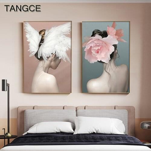 Peony Feather Girl Wall Paintings Pink Mint Posters and Prints Canvas Painting Wall Pictures for Living Room Bedroom Wall Decor