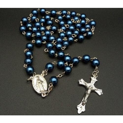 New Fashion Sapphire Blue Pearl Rosary Beads Necklace Catholic Christian Cross Ornament Prayer Bead Jewelry Accessories
