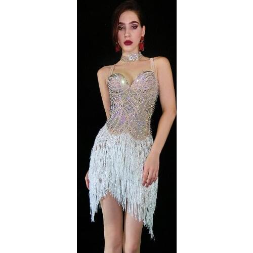 Stage Wear Tassel Rhinestones Sling Bodysuit Female DJ Latin Modern Pole Dance Competition Performance Fringe Costume