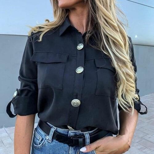 Autumn Pockets Women Blouse Sexy Casual turn-down Shirt Fashion Long-Sleeve Top Shirt Plus Size Women Blouses