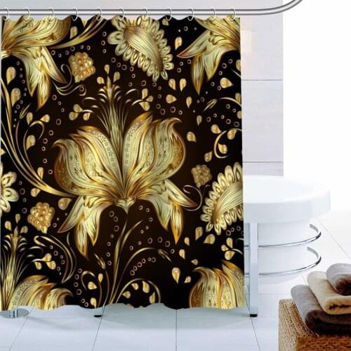 Simple European Gold Floral Shower Curtain 12 Hook Polyester Fabric 3D Printing Bathroom Curtain Waterproof Bath Curtain Decor