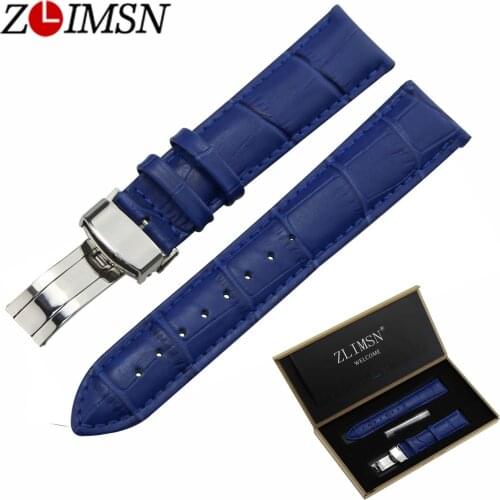 ZLIMSN 18 20mm Blue Genuine Leather Watch Bands Blue Crocodile Grain Strap & Polished Single Push Butterfly Buckles Wristband