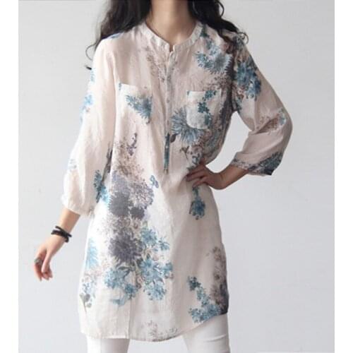 Cotton Linen Shirts Vintage Women Floral Print Blouses Casual Loose Tops Female Long Shirt Blusas Tunic Chinese Style