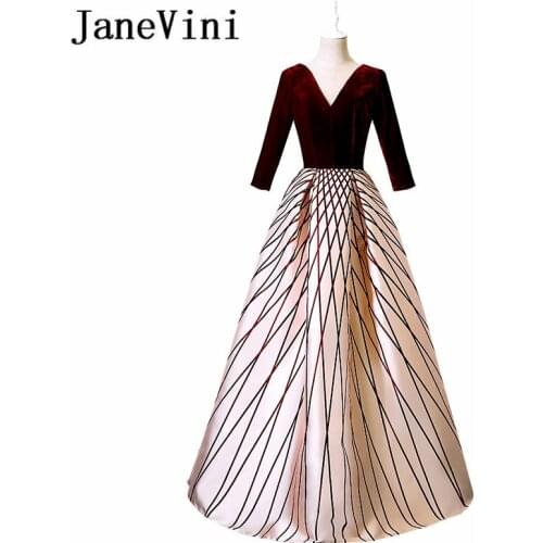 JaneVini 2018 Vintage Burgundy Velvet Long Bridesmaid Dresses for Wedding 1/2 Long Sleeve V-Neck Backless Formal Dress Prom Wear