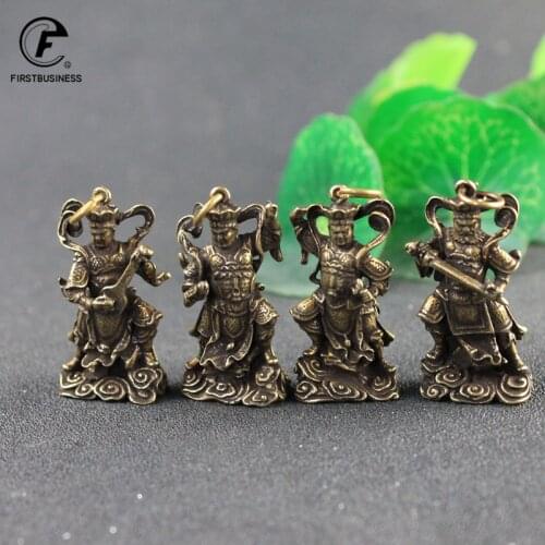Vintage Copper Four Law Enforcement God Buddha Statue Keychains Pendants Small Ornaments Lucky Home Decor Desktop Decorations