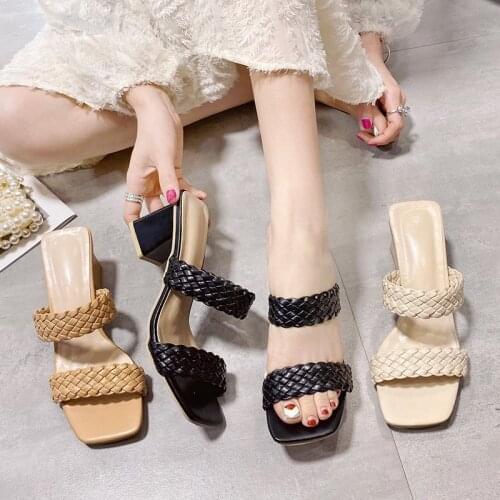 Womens Sandals 2021 Summer Roman Womens Sandals On Heels Plateau Slippers Square Toe Slope heel Heel Sandals