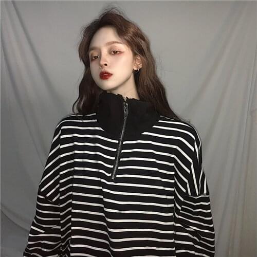 WomenS Tshirts Ulzzang Harajuku Top For Women Casual Tunic Kawaii Ladies Vintage Striped Zipper Long Sleeve T-Shirt Female