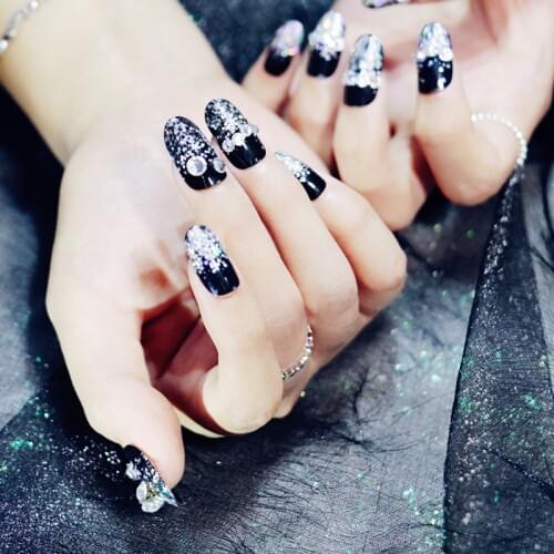 24 Pcs/set False Finger Nails Tips Black Shimmering Diamond Acrylic Wedding Banquet Fake Reusable Nail Sticker Professionals
